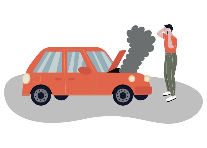breakdown-of-the-car-on-the-road-a-man-calls-the-service-to-help-a-defective-auto-with-smoke-from-the-hood-isolated-white-background-flat-illustration-vector-207474735